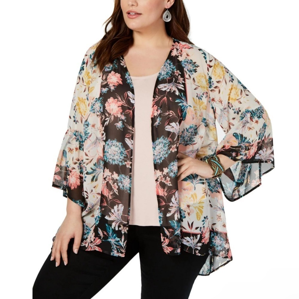 Style & Co Womens Plus 1X Multicolor Floral 3/4 Sleeve Sheer Layering Kimono